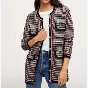 MANGO Boucle style buttoned striped knit cardigan